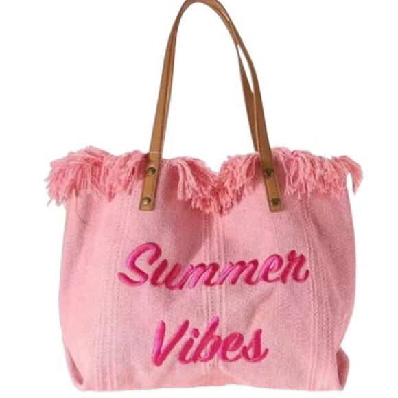 None Handbags - Pink Canvas Fringe Summer Vibes Print Shoulder Bag